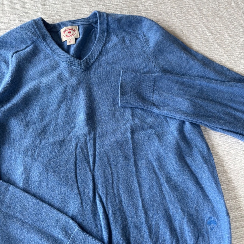 Brooks Brothers Red Fleece Blue Cotton Cashmere V-Neck Sweater‎ Mens Small